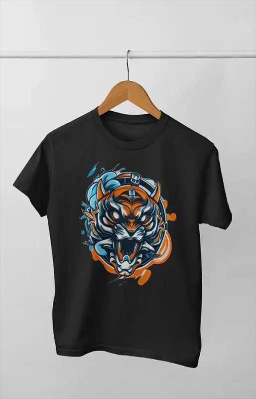 Men’s Round Neck Half Sleeve Tiger Illus - S / Black